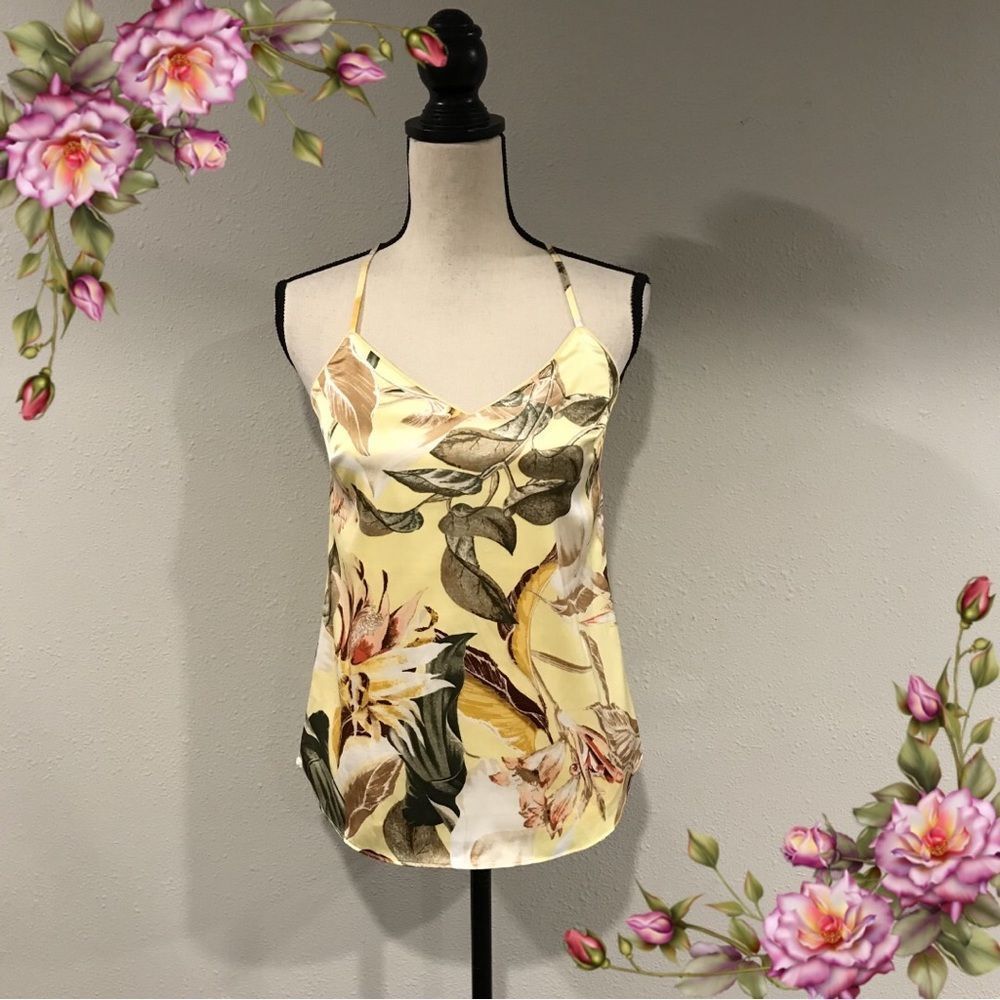 XXS White House Black Market yellow floral top with straps and lace details